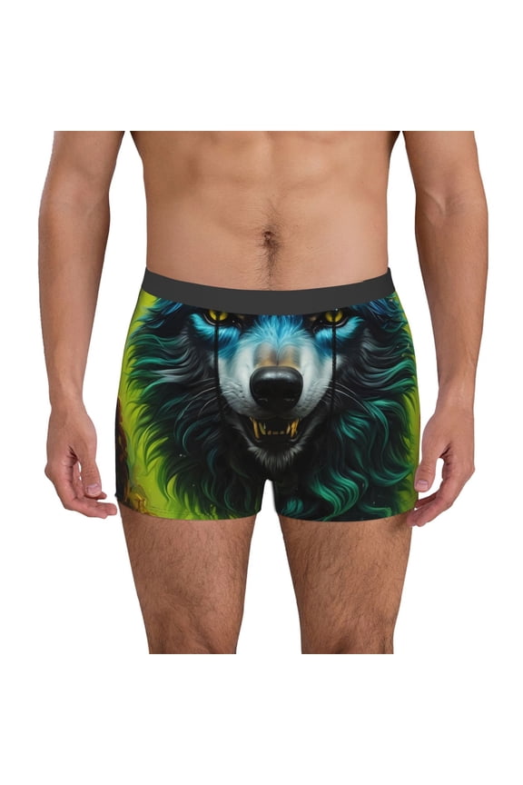 Fluorescent Wolf Print Men's Boxer Briefs, High Elastic Moisture Wicking Boxer Briefs Underwear-XX-Large