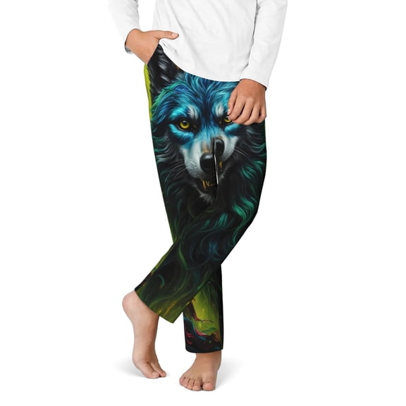 Gukieu Fluorescent Wolf Print Youth Home Trousers, Elastic Waistband with Pockets for Home and Outing, Suitable for Children Aged 5-16-Medium