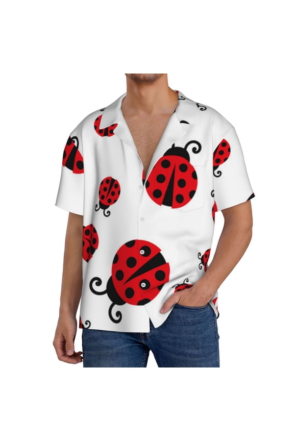 Fly Flying Ladybug Print Men's Short-sleeved Shirts, Button-down Pocket Shirts, T-shirts, Beach Vacation Travel Summer Clothing-Small
