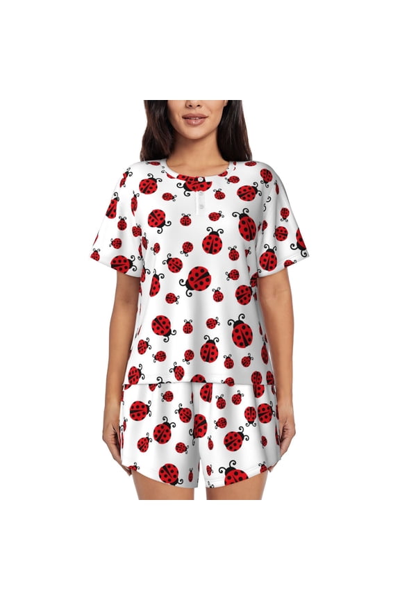 Fly Flying Ladybug Print Women's Short-sleeved Pajama Set, Round Neck Button Top Elastic Shorts 2-piece Set, Summer Home Leisure Clothing-Small
