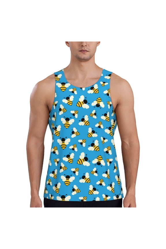 Flying Bees Print Men's Quick Dry Fitness Vest, Round Neck Sleeveless Fitness Bodybuilding Top-3X-Large