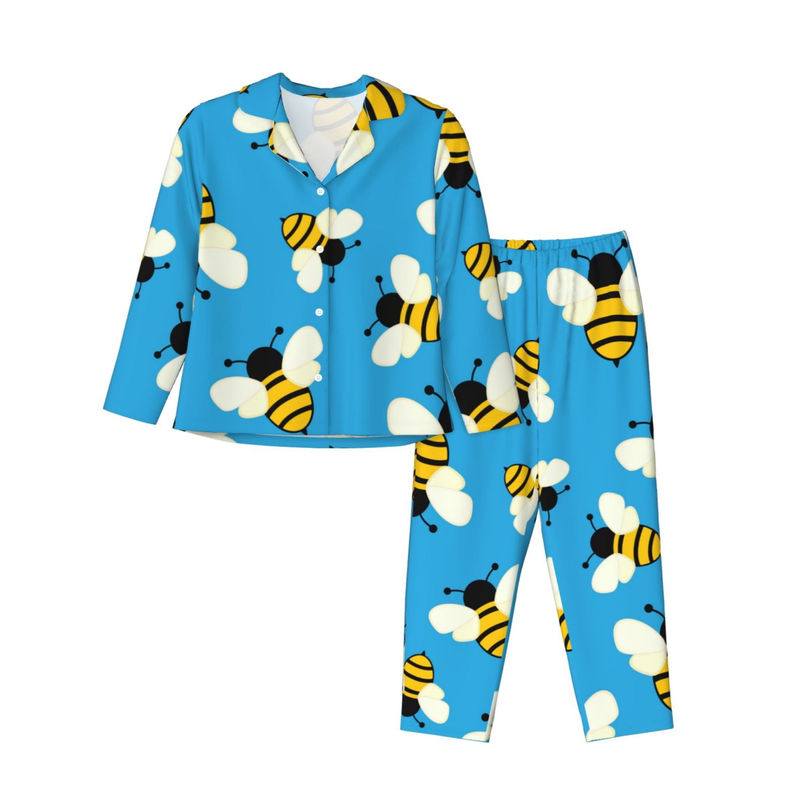 Gukieu Flying Bees Print Women's Long Sleeve Pajama Set, Button Top ...