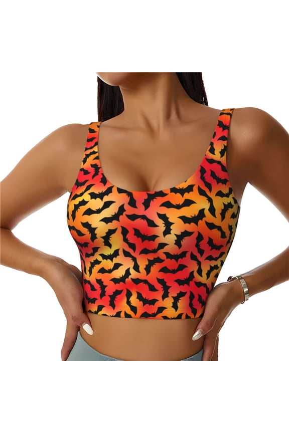 Flying Black Bat Print Women's Sports Vest, Low-neck U-shaped Removable Pad Sports Bra for Yoga, Exercise, Dance-Medium