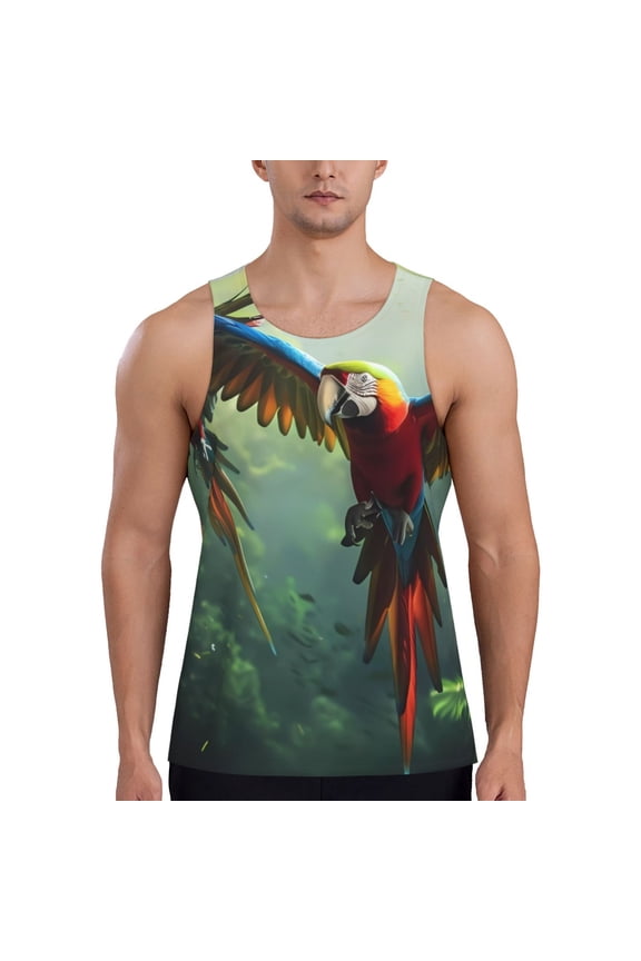 Flying Parrots In Jungle Print Men's Quick Dry Fitness Vest, Round Neck Sleeveless Fitness Bodybuilding Top-XX-Large