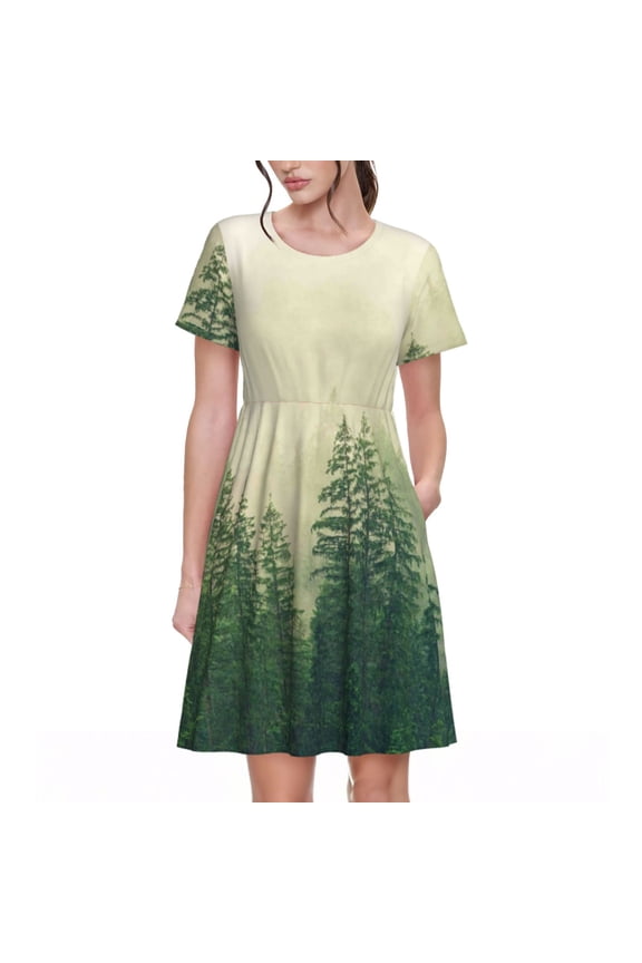 Fog Forest Print Women's Short Sleeve Dress, Elastic Waistband A-line with Pockets Summer Dress, Suitable for Daily Leisure, Work, Vacation