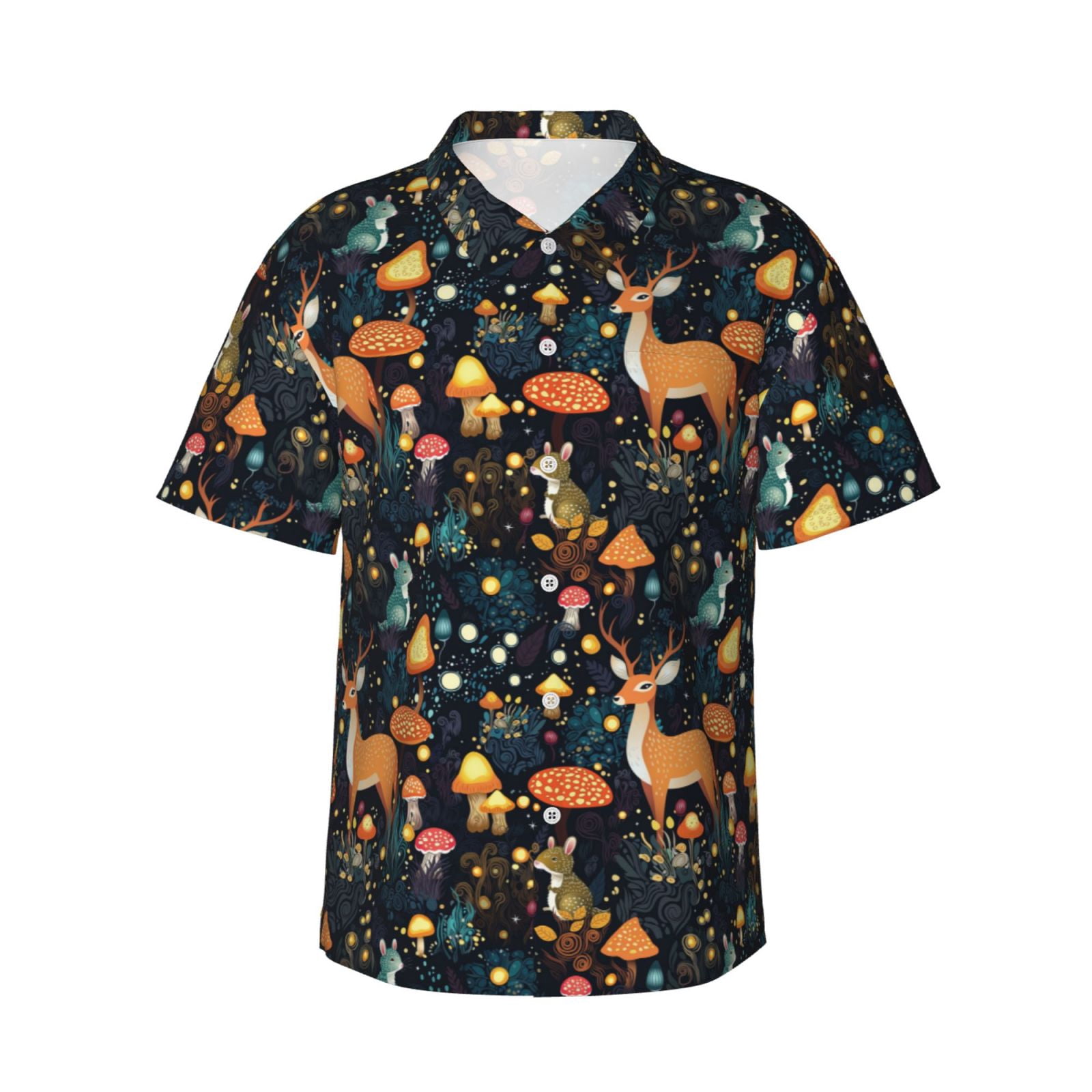 Gukieu Forest Elf Print Men's Short-sleeved Shirts, Button-down Lapel Hawaiian Shirts, T-shirts, Beach Vacation Summer Casual Wear,Small