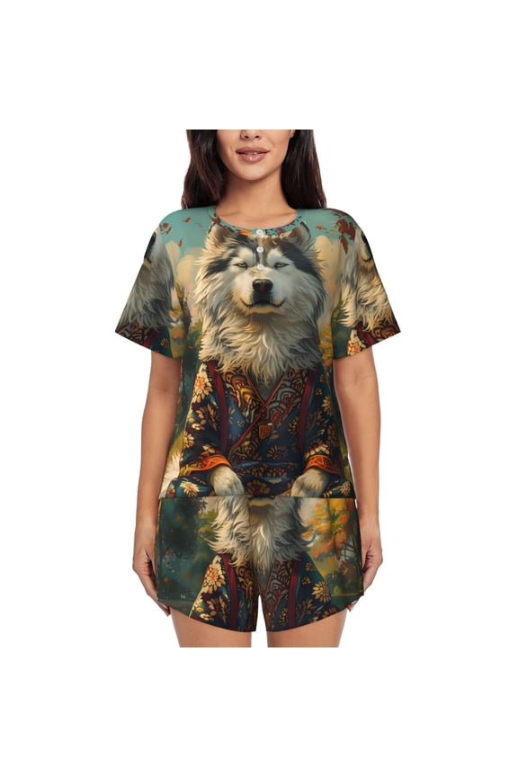 Forest Maple Leaf Husky Print Women's Short-sleeved Pajama Set, Round Neck Button Top Elastic Shorts 2-piece Set, Summer Home Leisure Clothing-XX-Large