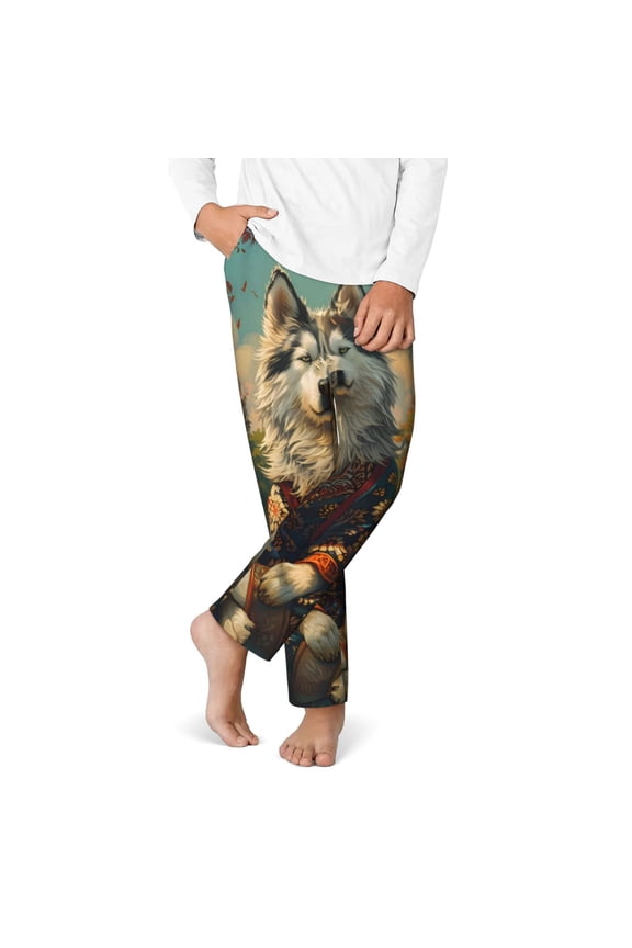 Forest Maple Leaf Husky Print Youth Home Trousers, Elastic Waistband with Pockets for Home and Outing, Suitable for Children Aged 5-16-XS(5-6)