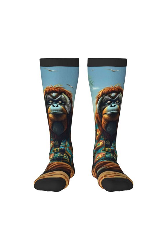 Forest Meditating Gorilla Print Contrast Color Stockings, Elastic Sports Socks Warm Socks Clothing Accessories, Adult Unisex