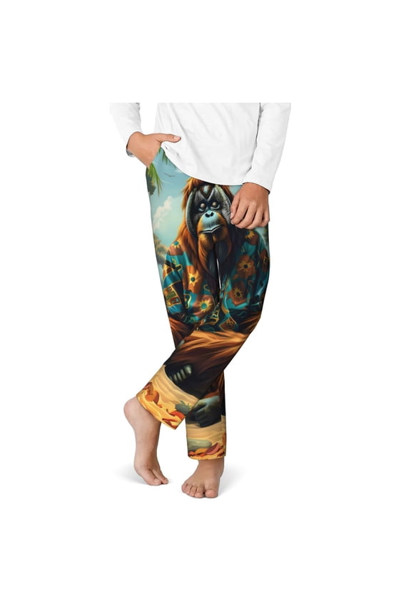 Forest Meditating Gorilla Print Youth Home Trousers, Elastic Waistband with Pockets for Home and Outing, Suitable for Children Aged 5-16-Small