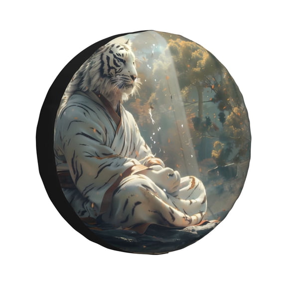 Gukieu Forest Meditating White Tiger Print Car Tire Cover, Adjustable Waterproof and Dustproof Tire Protection Cover, Suitable for SUV, Truck, Van-14 inch