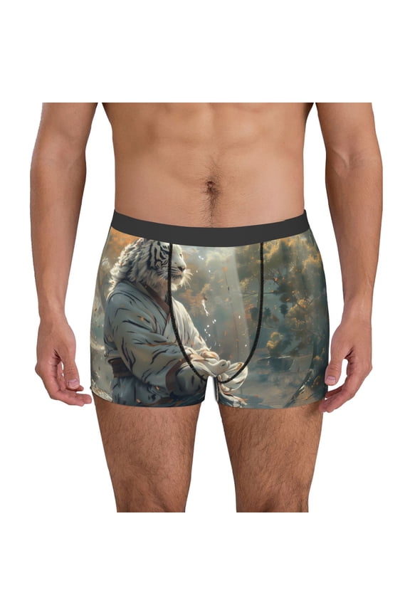 Forest Meditating White Tiger Print Men's Boxer Briefs, High Elastic Moisture Wicking Boxer Briefs Underwear-Large