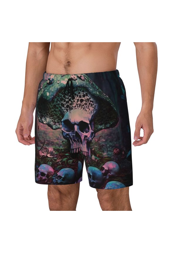 Forest Mushroom Skull Print Men's Double Layer Sports Swim Trunks, Quick Dry Adjustable Waist Swim Shorts Swimwear-Medium