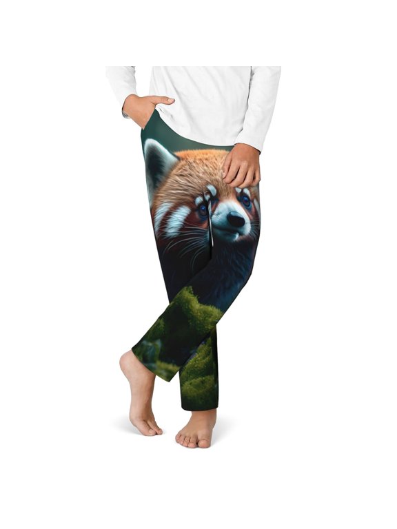 Forest Plant Raccoon Print Youth Home Trousers, Elastic Waistband with Pockets for Home and Outing, Suitable for Children Aged 5-16-Medium