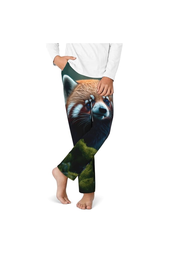 Forest Plant Raccoon Print Youth Home Trousers, Elastic Waistband with Pockets for Home and Outing, Suitable for Children Aged 5-16-Small