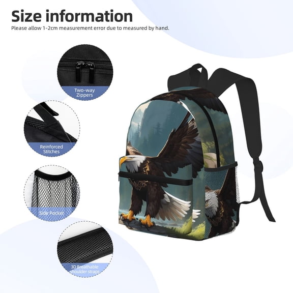 Gukieu Forest River Bald Eagle Print Backpack, Waterproof Backpack with Adjustable Shoulder Straps, Suitable for Campus, Business, Travel, Unisex