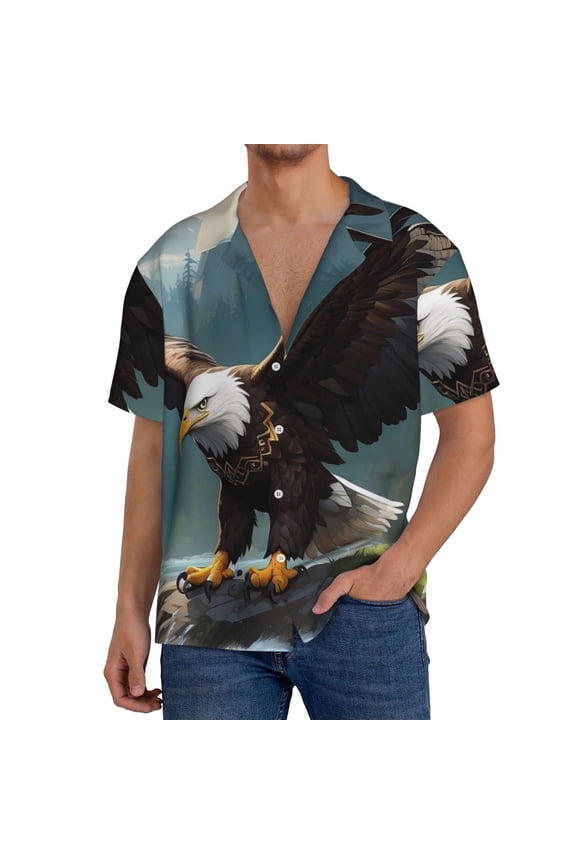 Forest River Bald Eagle Print Men's Short-sleeved Shirts, Button-down Pocket Shirts, T-shirts, Beach Vacation Travel Summer Clothing-Medium