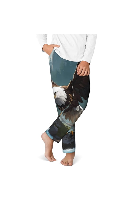 Forest River Bald Eagle Print Youth Home Trousers, Elastic Waistband with Pockets for Home and Outing, Suitable for Children Aged 5-16-XS(5-6)