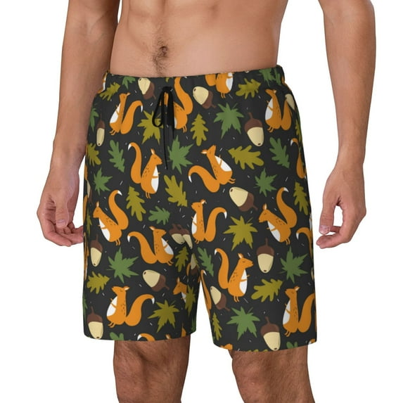 Gukieu Forest Squirrel Print Men's Double Layer Sports Swim Trunks, Quick Dry Adjustable Waist Swim Shorts Swimwear-3X-Large