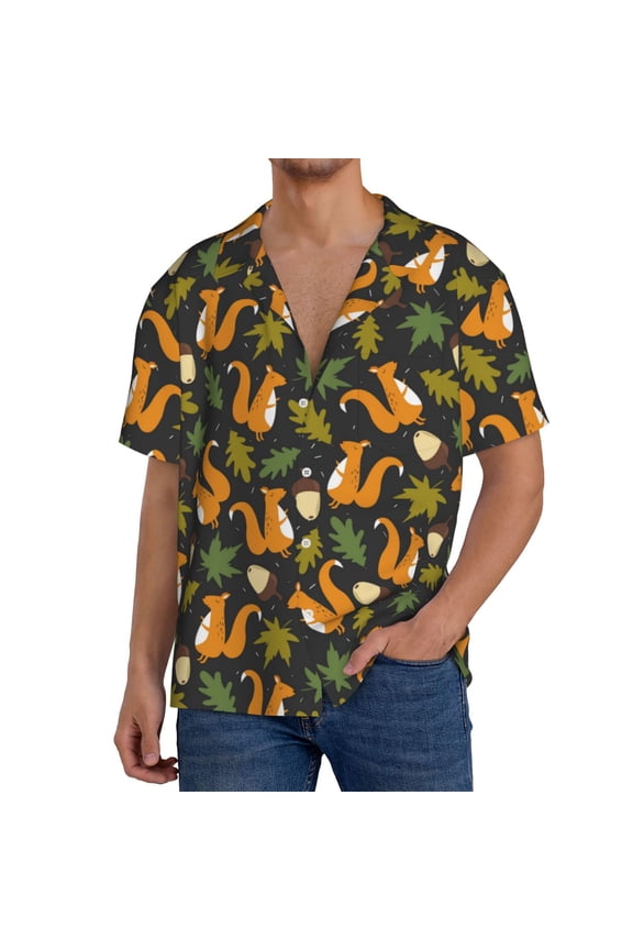 Forest Squirrel Print Men's Short-sleeved Shirts, Button-down Pocket Shirts, T-shirts, Beach Vacation Travel Summer Clothing-Large