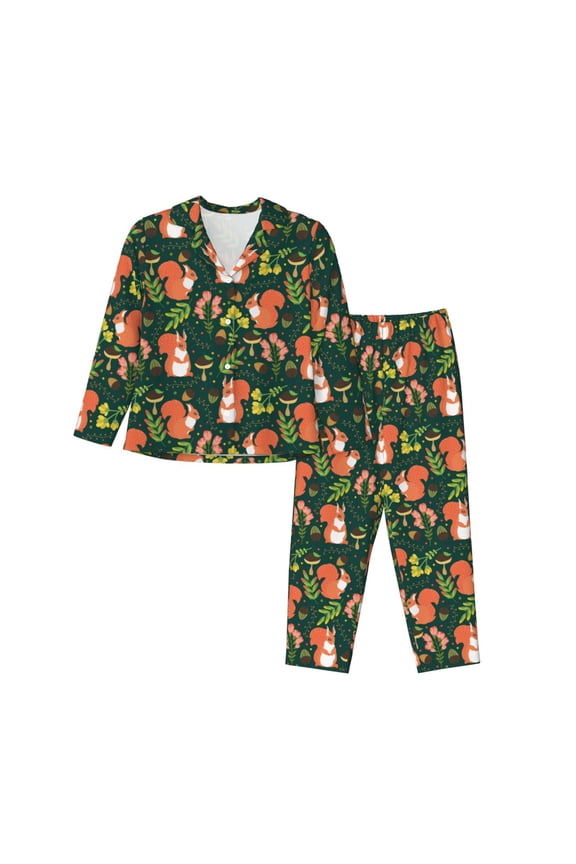 Forest Squirrel Print Women's Long Sleeve Pajama Set, Button Top Elastic Pocket Pajama Pants Two Piece Set Home Wear-Large