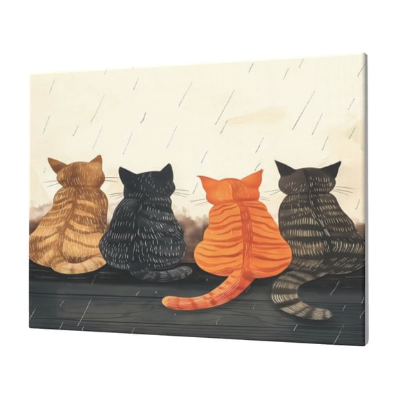 Gukieu Four Cats Watching Rain Print Horizontal Canvas Decorative Painting 12x16 Inch Shrinkage Resistant Frame Hanging Home Wall Art Decor