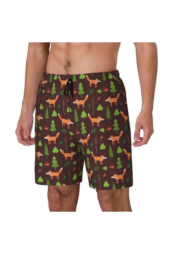 Fox In Forest Print Men's Double Layer Sports Swim Trunks, Quick Dry Adjustable Waist Swim Shorts Swimwear-Small