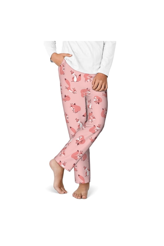 Fox Print Youth Home Trousers, Elastic Waistband with Pockets for Home and Outing, Suitable for Children Aged 5-16-Small