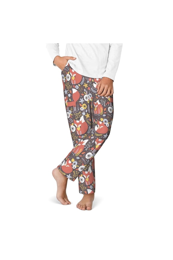 Foxes Print Youth Home Trousers, Elastic Waistband with Pockets for Home and Outing, Suitable for Children Aged 5-16-Large
