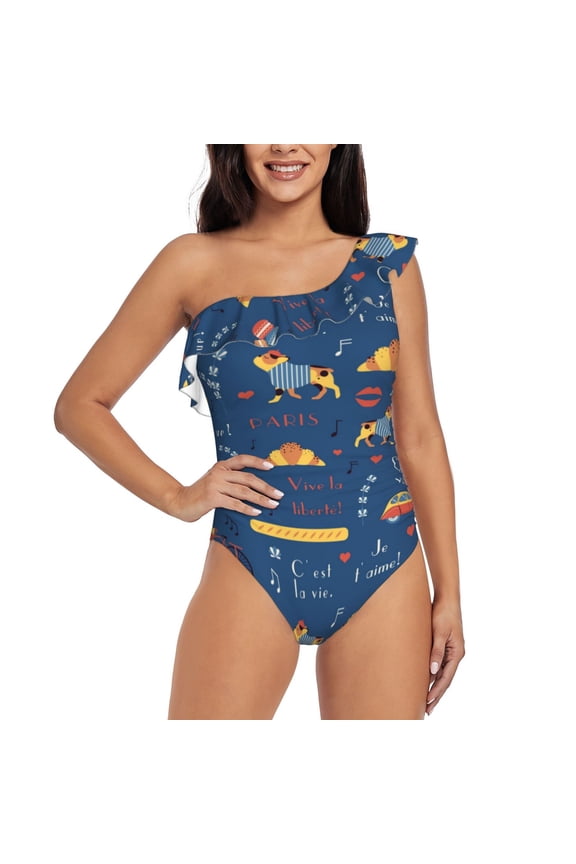 French Bulldog Dog In Beret Print One-shoulder Ruffled One-piece Swimsuit with Removable Chest Pads and Tummy-control Swimsuit for Women-Medium