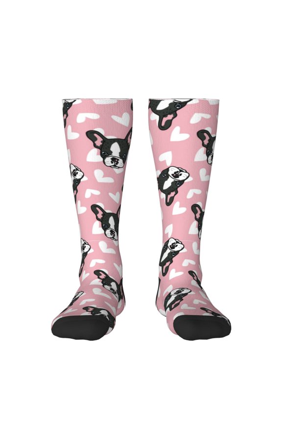 French Bulldog Print Contrast Color Stockings, Elastic Sports Socks Warm Socks Clothing Accessories, Adult Unisex