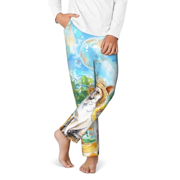 Gukieu French Bulldog Sunflowers Bubbles Print Youth Home Trousers, Elastic Waistband with Pockets for Home and Outing, Suitable for Children Aged 5-16-XS(5-6)
