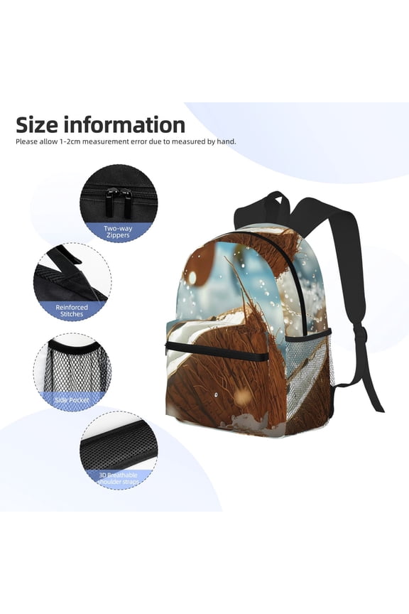 Fresh Coconut Splash Print Backpack, Waterproof Backpack with Adjustable Shoulder Straps, Suitable for Campus, Business, Travel, Unisex