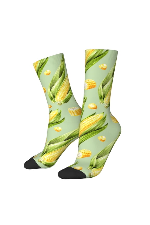 Fresh Sweet Corn Print Contrast Color Mid-calf Socks, Sweat-wicking Athletic Socks, Unisex Clothing Accessories