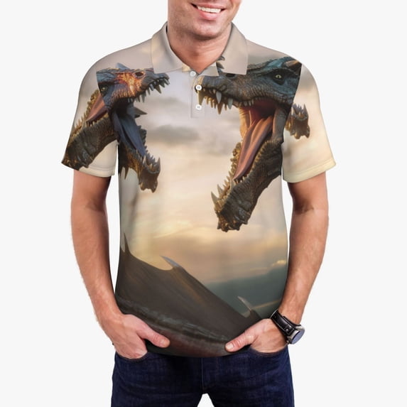 Gukieu Friendship Dragon Print Men's Quick-drying POLO Shirt, Button-down Summer T-shirt, Suitable for Work and Outdoor Activities-XX-Large