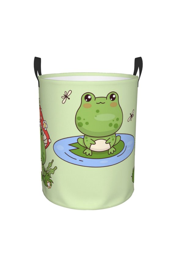 Frog Amanita Mushroom Print Round Dirty Clothes Bag, Waterproof Standing Home Bathroom Storage Basket Car Trunk Storage Bag-Medium