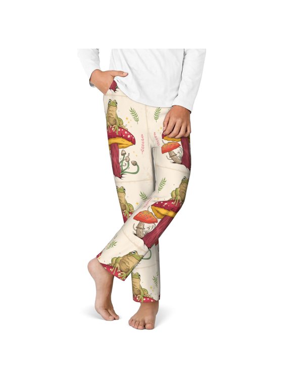 Frog Sitting On Mushroom Print Youth Home Trousers, Elastic Waistband with Pockets for Home and Outing, Suitable for Children Aged 5-16-Small