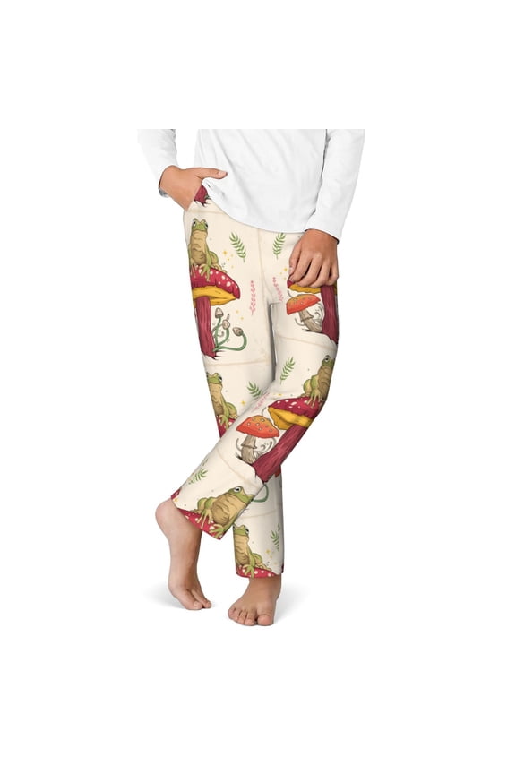 Frog Sitting On Mushroom Print Youth Home Trousers, Elastic Waistband with Pockets for Home and Outing, Suitable for Children Aged 5-16-Small
