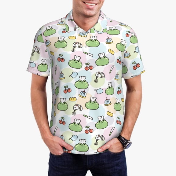 Gukieu Frog Wear Chef Hat Print Men's Quick-drying POLO Shirt, Button-down Summer T-shirt, Suitable for Work and Outdoor Activities-Small