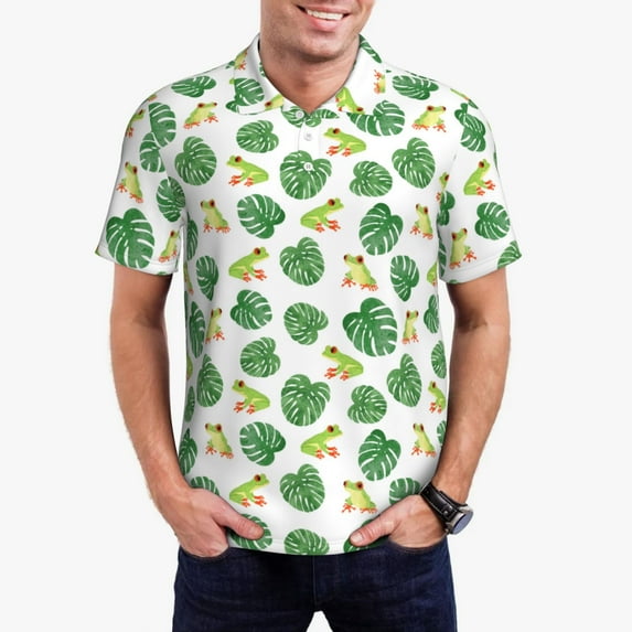 Gukieu Frogs And Tropical Leaves Print Men's Quick-drying POLO Shirt, Button-down Summer T-shirt, Suitable for Work and Outdoor Activities-Small