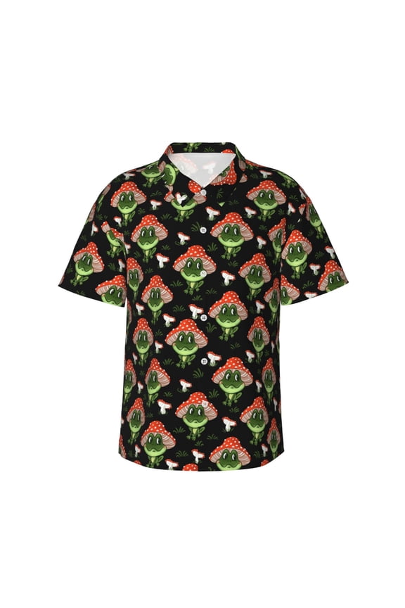 Frogs In Mushroom Hats Print Men's Short-sleeved Shirts, Button-down Lapel Hawaiian Shirts, T-shirts, Beach Vacation Summer Casual Wear,Medium