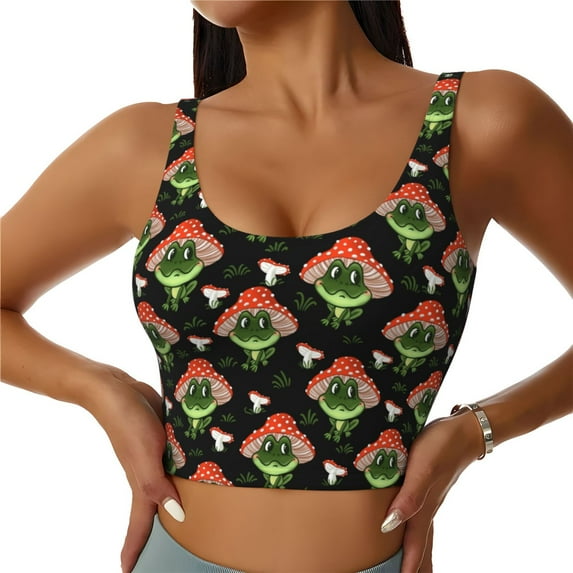 Gukieu Frogs In Mushroom Hats Print Women's Sports Vest, Low-neck U-shaped Removable Pad Sports Bra for Yoga, Exercise, Dance-X-Large
