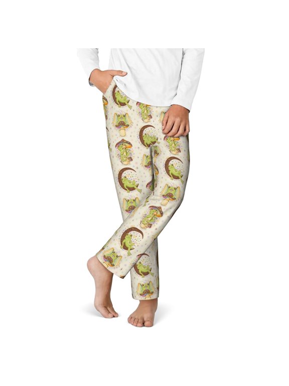 Frogs Print Youth Home Trousers, Elastic Waistband with Pockets for Home and Outing, Suitable for Children Aged 5-16-XS(5-6)