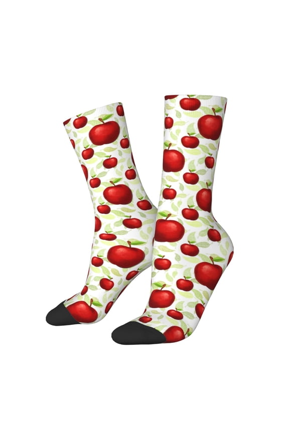 Fruit Apples Print Contrast Color Mid-calf Socks, Sweat-wicking Athletic Socks, Unisex Clothing Accessories