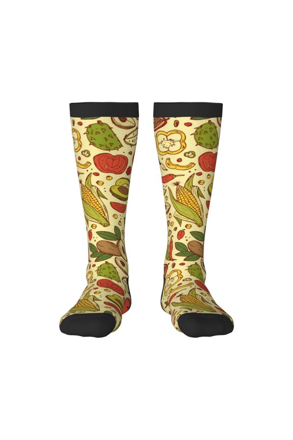 Fruits And Vegetables Print Contrast Color Stockings, Elastic Sports Socks Warm Socks Clothing Accessories, Adult Unisex