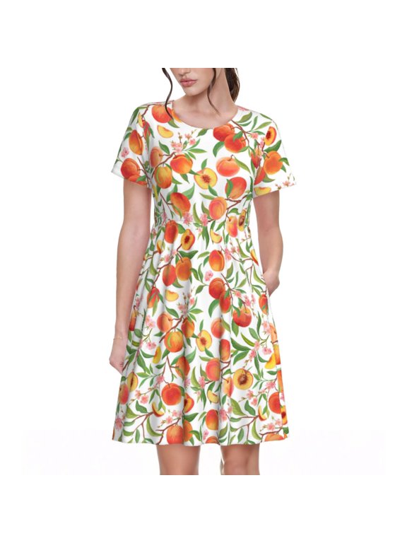 Fruits Peach2 Print Women's Short Sleeve Dress, Elastic Waistband A-line with Pockets Summer Dress, Suitable for Daily Leisure, Work, Vacation