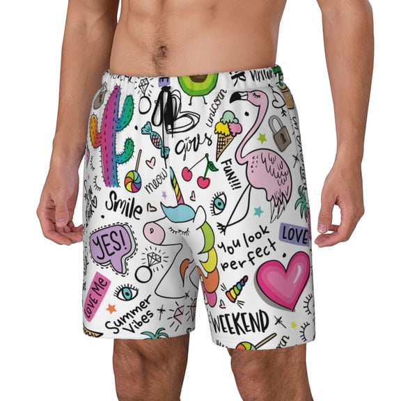 Gukieu Fun Animal with Unicorn Print Men's Double Layer Sports Swim Trunks, Quick Dry Adjustable Waist Swim Shorts Swimwear-Large
