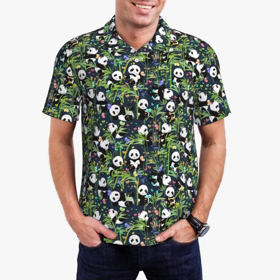 Gukieu Fun Panda Playing With Bamboo Leaves Print Men's Quick-drying POLO Shirt, Button-down Summer T-shirt, Suitable for Work and Outdoor Activities-X-Large