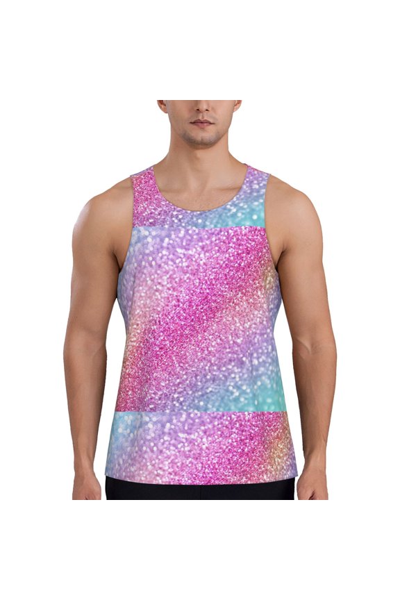 Fun Rainbow Print Men's Quick Dry Fitness Vest, Round Neck Sleeveless Fitness Bodybuilding Top-Large