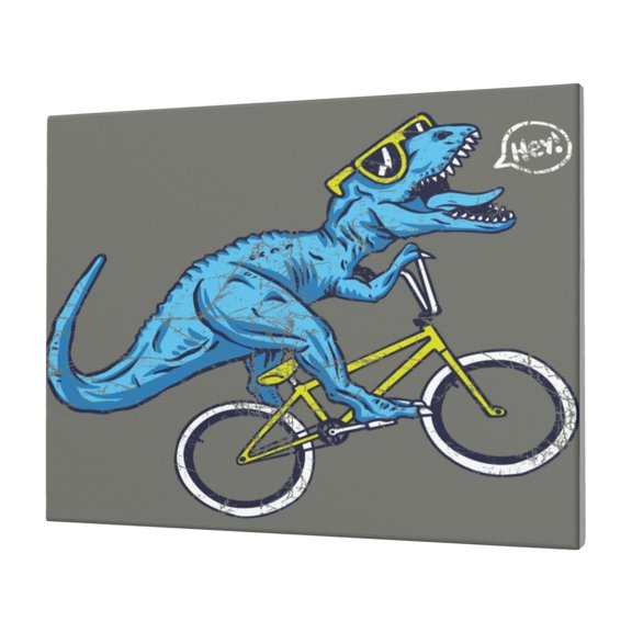 Gukieu Fun Riding Dinosaur Print Horizontal Canvas Decorative Painting 12x16 Inch Shrinkage Resistant Frame Hanging Home Wall Art Decor